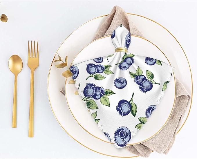 Yibeas Blueberries and Leaves Cloth Table Napkins Set of 4 Hand Drawn Vector on White Background Polyester Washable Decoration Dinner Napkins for Kitchen 18 x 18 inch