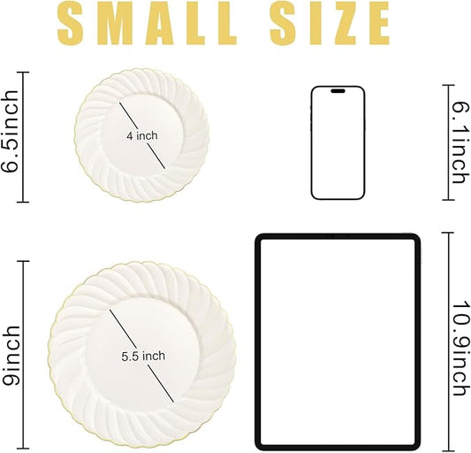 U-QE 100 Piece Ivory Scalloped Plastic Plates for Party with Gold Rim - Plastic Party Plates Disposable Heavy Duty - High End Disposable Plates Include 50pcs Dinner Plates 9"&50pcs Dessert Plates 6.5"