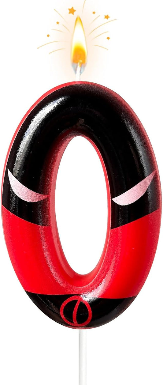Black Red Mask Number 0 Birthday Candles - Comic Themed Cake Topper for Birthday Decorations Supplies, 0 Candle Party Favors (Number 0)