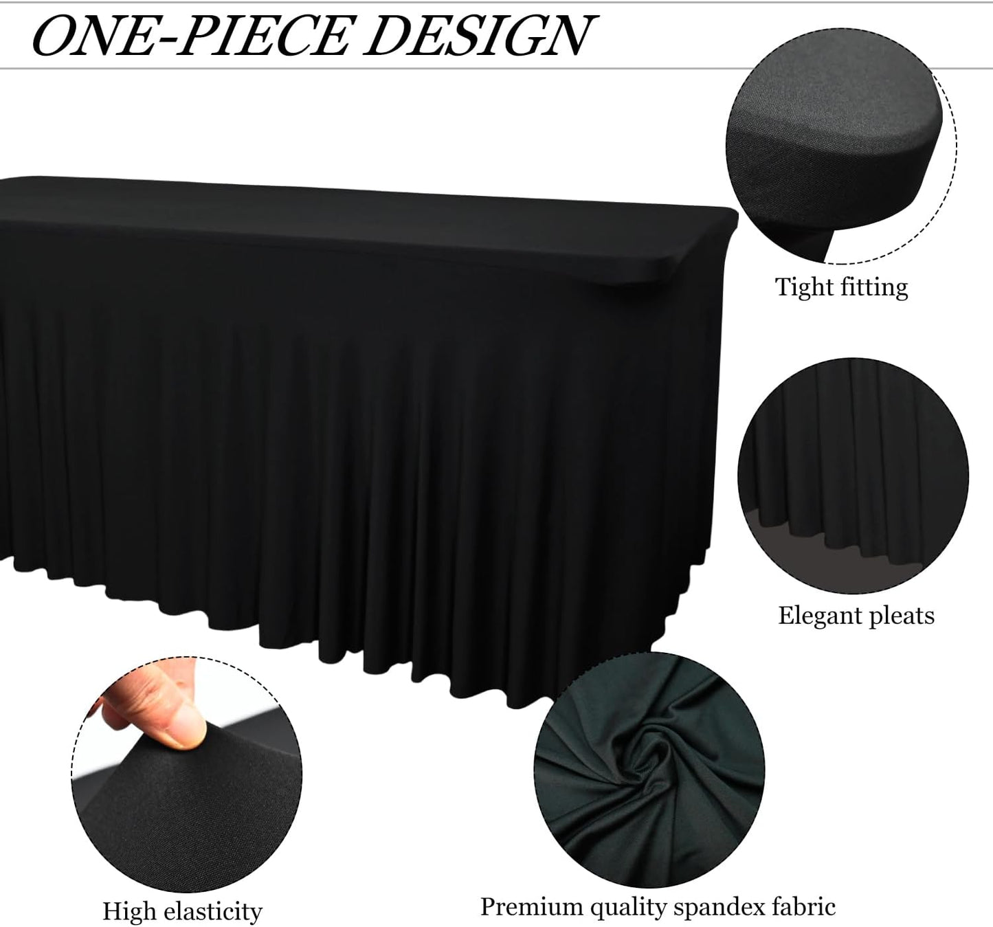 2 Pack Black Rectangular Table Skirt, 48L x 24W x 30H Inch, Stretch Spandex Fitted Table Clothes, Wrinkle Resistant, Machine Washable, For Party, Banquet, Birthday