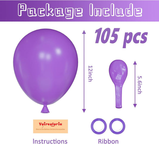 105pcs Purple Balloons 12inch Party Latex Balloons for Birthday Baby Shower Halloween Wedding Valentine's Day Party Bachelorette Decorations