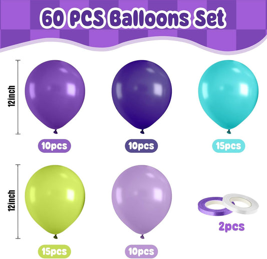 Paready Purple Green Balloons Set, 60Pcs Party Balloons, 12 Inch Fruit Green Metallic Light Purple Teal blue Latex Balloon for Birthday Baby Shower Birthday Party Supply