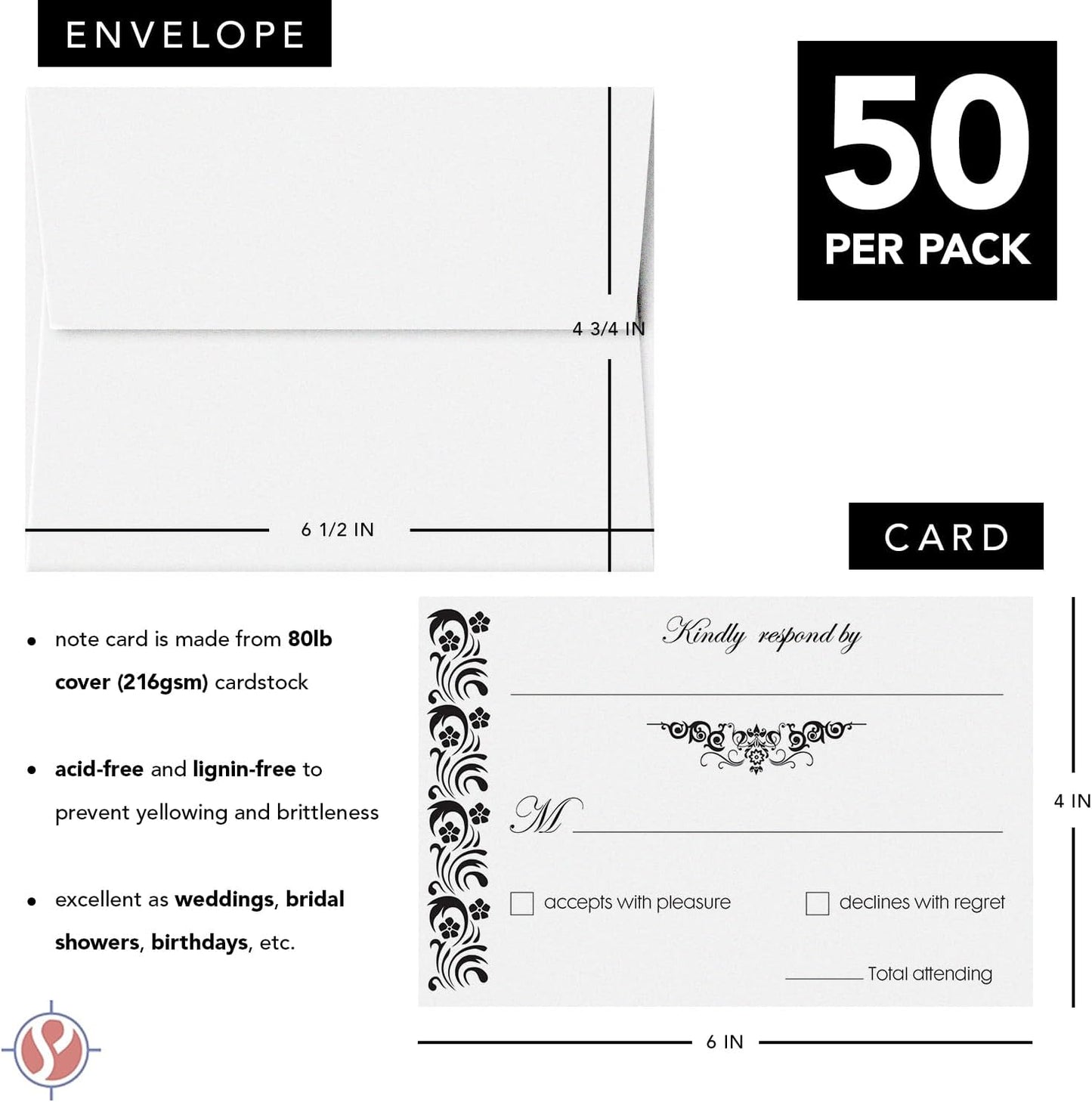 RSVP Wedding Return 4" x 6" Cards and Envelopes – Blank Reply Response Card for Weddings, Rehearsal Dinners, Baby and Bridal Showers, Birthdays, Engagements, Bachelorette Parties – 50 per Pack