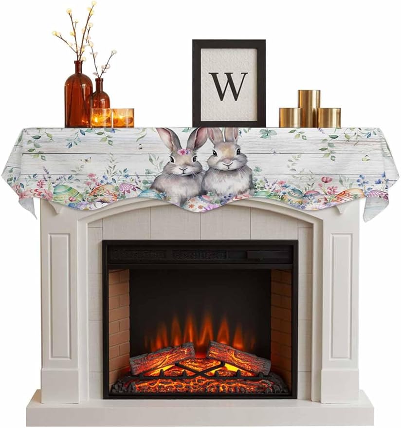 Bunny Easter Fireplace Mantel Scarf Table Runner,Eucalyptus Leaves Spring Floral Eggs Wooden Winter Garland Mantel Top Tablerunners Dresser Scarves Cover for Windows Party Living Room 70"x17"