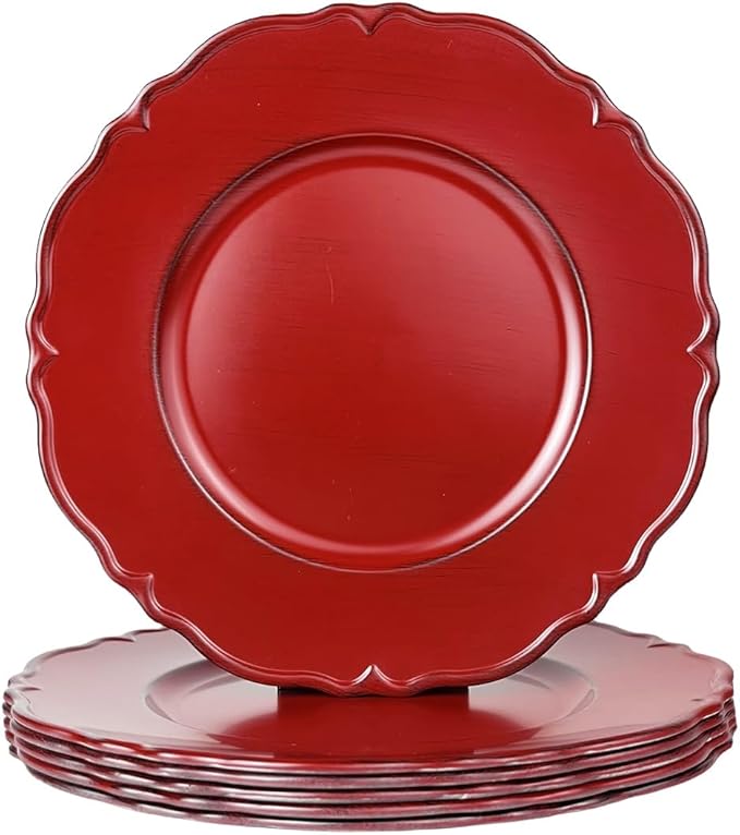 Antique Red Charger Plates Set of 6, 13" Plate Charger for Dinner Plates, Plastic Round charger plates bulk Wedding, Events, Party, Tabletop Decor.