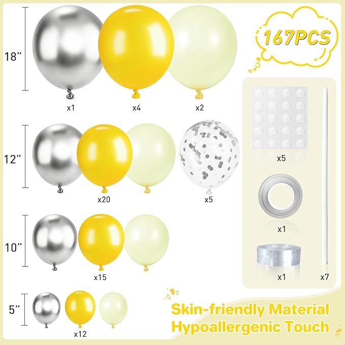 Yellow Silver Balloon Garland Arch Kit, 167Pcs Latex Balloons Different Sizes 18 12 10 5 inch for Birthday Bee themed Baby Shower Graduation Wedding Party Decorations