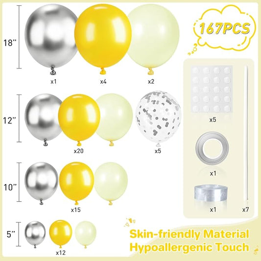 Yellow Silver Balloon Garland Arch Kit, 167Pcs Latex Balloons Different Sizes 18 12 10 5 inch for Birthday Bee themed Baby Shower Graduation Wedding Party Decorations