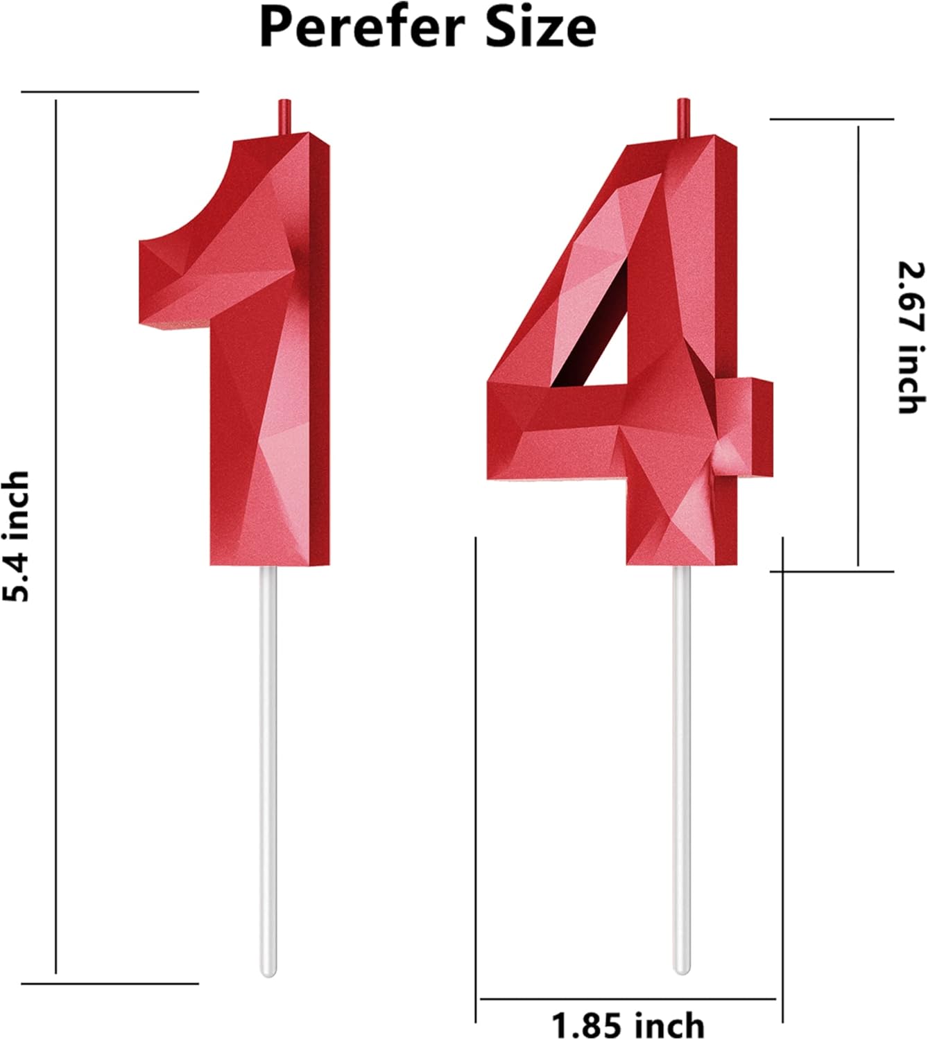 Number Birthday Candles(14 Candle Red) 3D Diamond Shape Number Happy Birthday Cake Candles for Birthday Party Wedding Decoration Reunions Theme Party