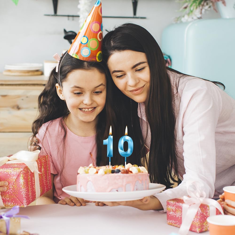 Number 10 Candle 10th Birthday Decorations for Boys - 2 Blue Birthday Candles (Number 1 & 0) - Modern, Odorless, Non-Toxic, Smokeless - Perfect for Birthdays, Anniversaries & Parties