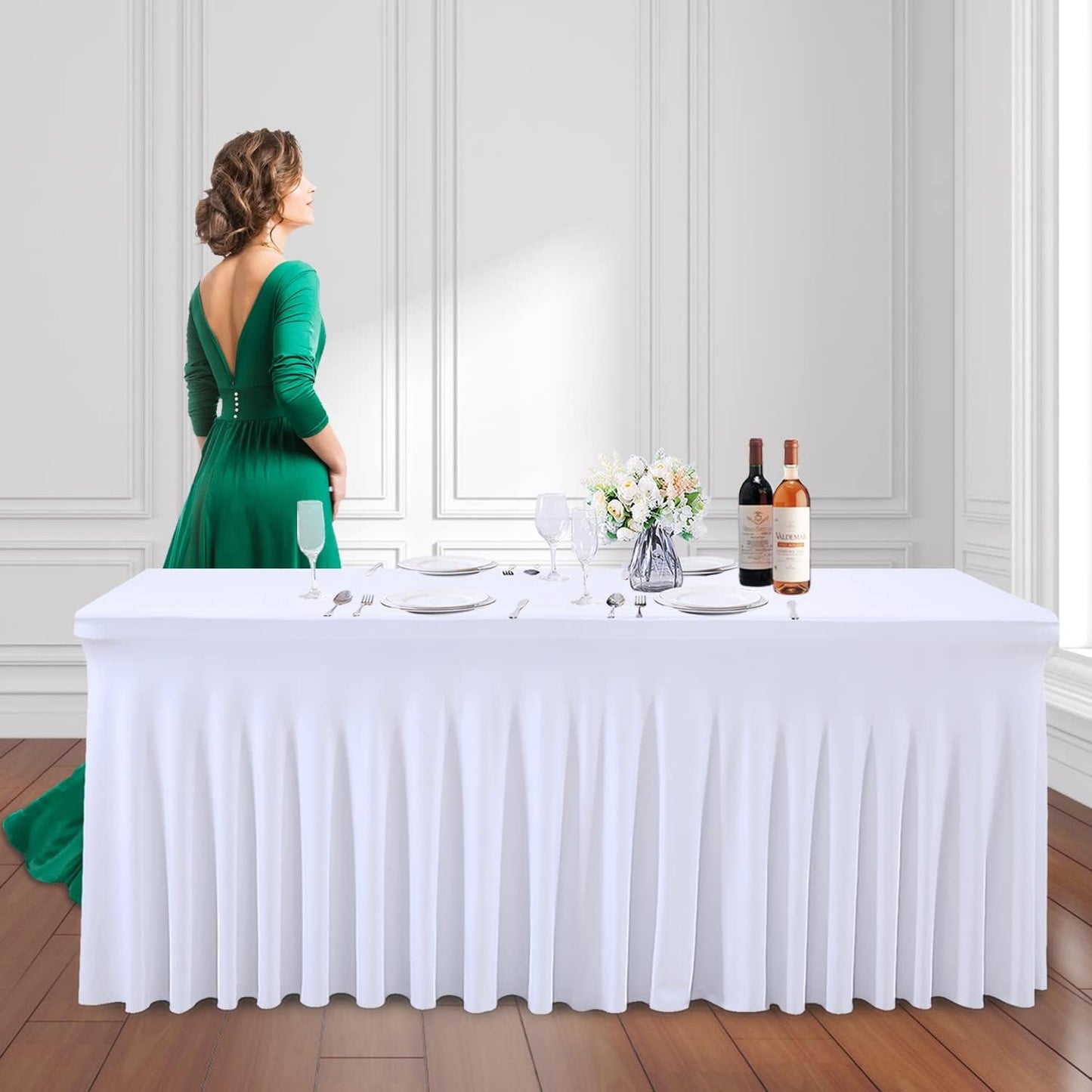 PARTISKY White Spandex Tablecloth for 6ft Rectangle Tables, Stretchable Table Cover Skirt for Folding Tables Weddings Parties Banquets Events Trade Shows and Dessert Table