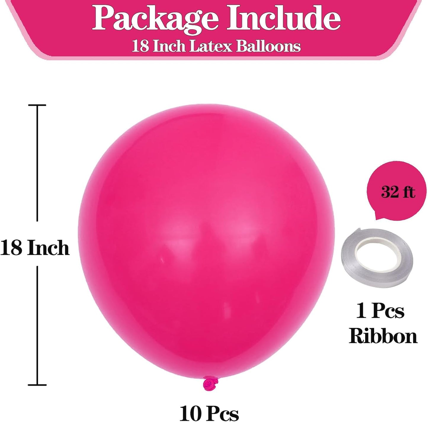 KALOR 18 Inch Hot Pink Balloons, 10 Pcs Hot Pink Matte Latex Balloons Big Round Balloons for Wedding, Baby Shower, Birthday Party and Event Decoration