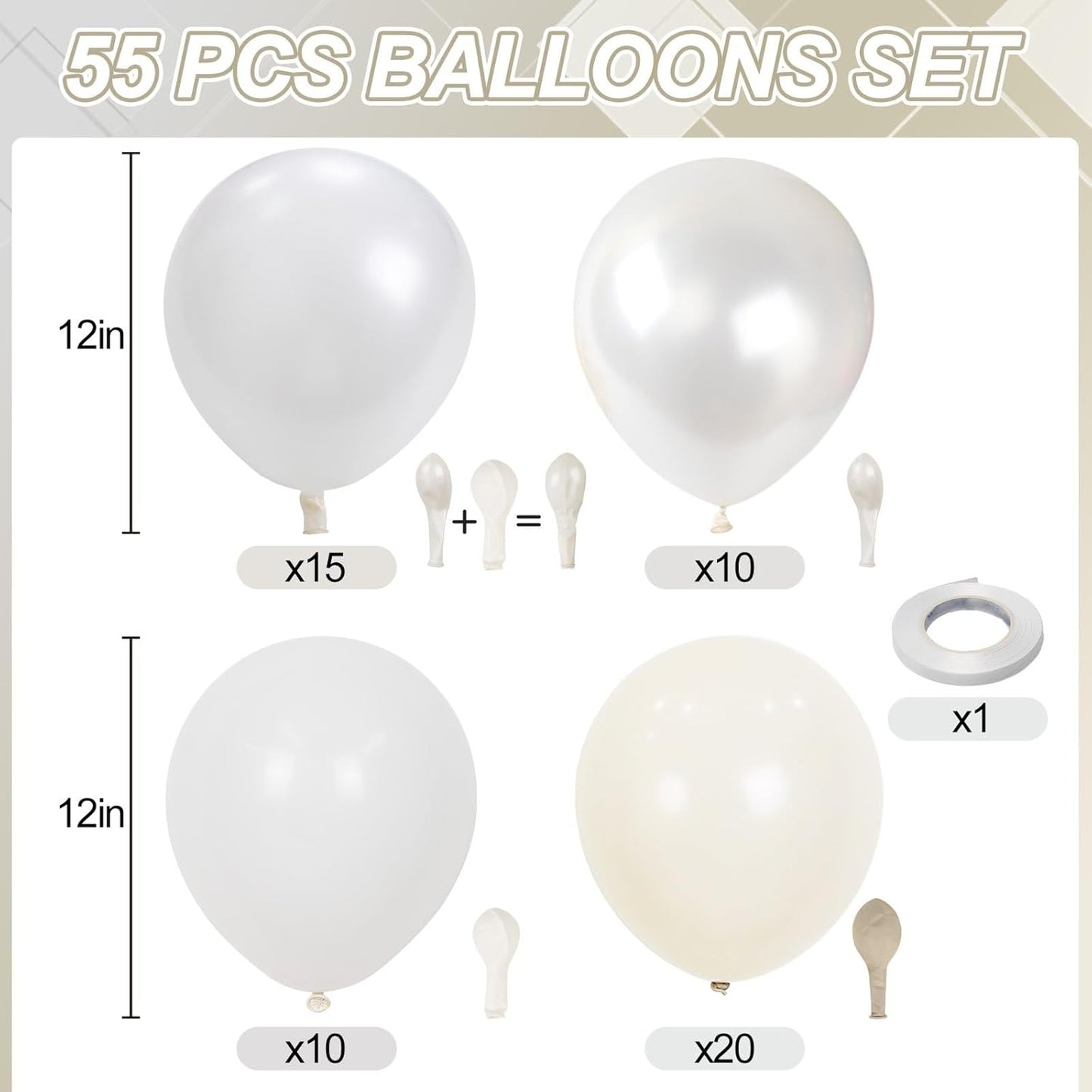 White Balloons, 55 PCS 12 Inch Double Stuffed Pearl White Wedding Balloons for Engagement Proposal Bridal Shower Baby Shower Birthday Party Decorations