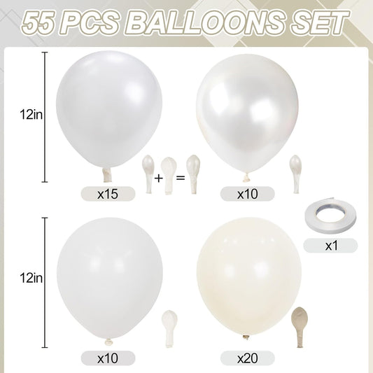 White Balloons, 55 PCS 12 Inch Double Stuffed Pearl White Wedding Balloons for Engagement Proposal Bridal Shower Baby Shower Birthday Party Decorations