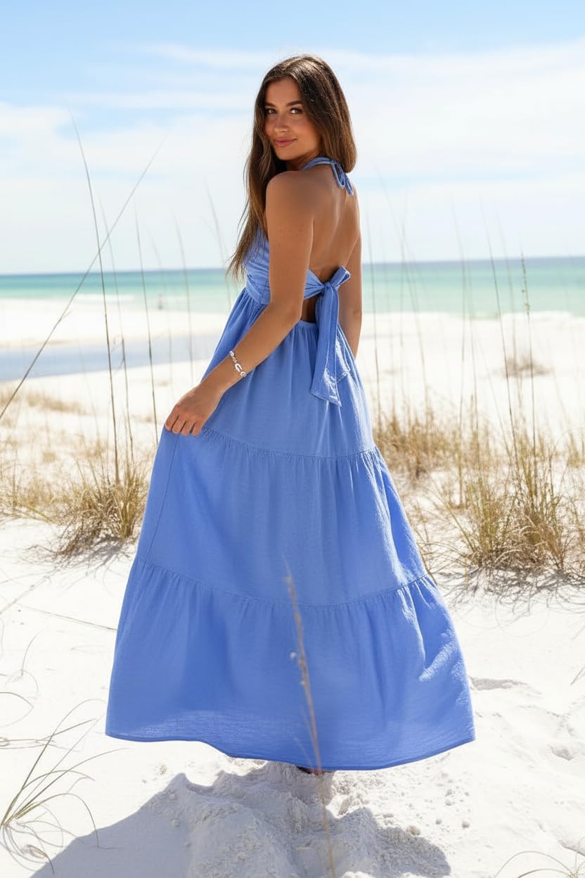 Women's Casual Halter Tiered Vacation Maxi Dress with Pockets