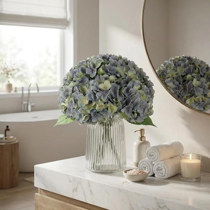 2Bouquets Artificial Fake Flowers Plants Silk Hydrangea Arrangements Wedding Bouquets Decorations Plastic Floral Home Kitchen Garden Party Festival Bar DIY (Bluish Green)