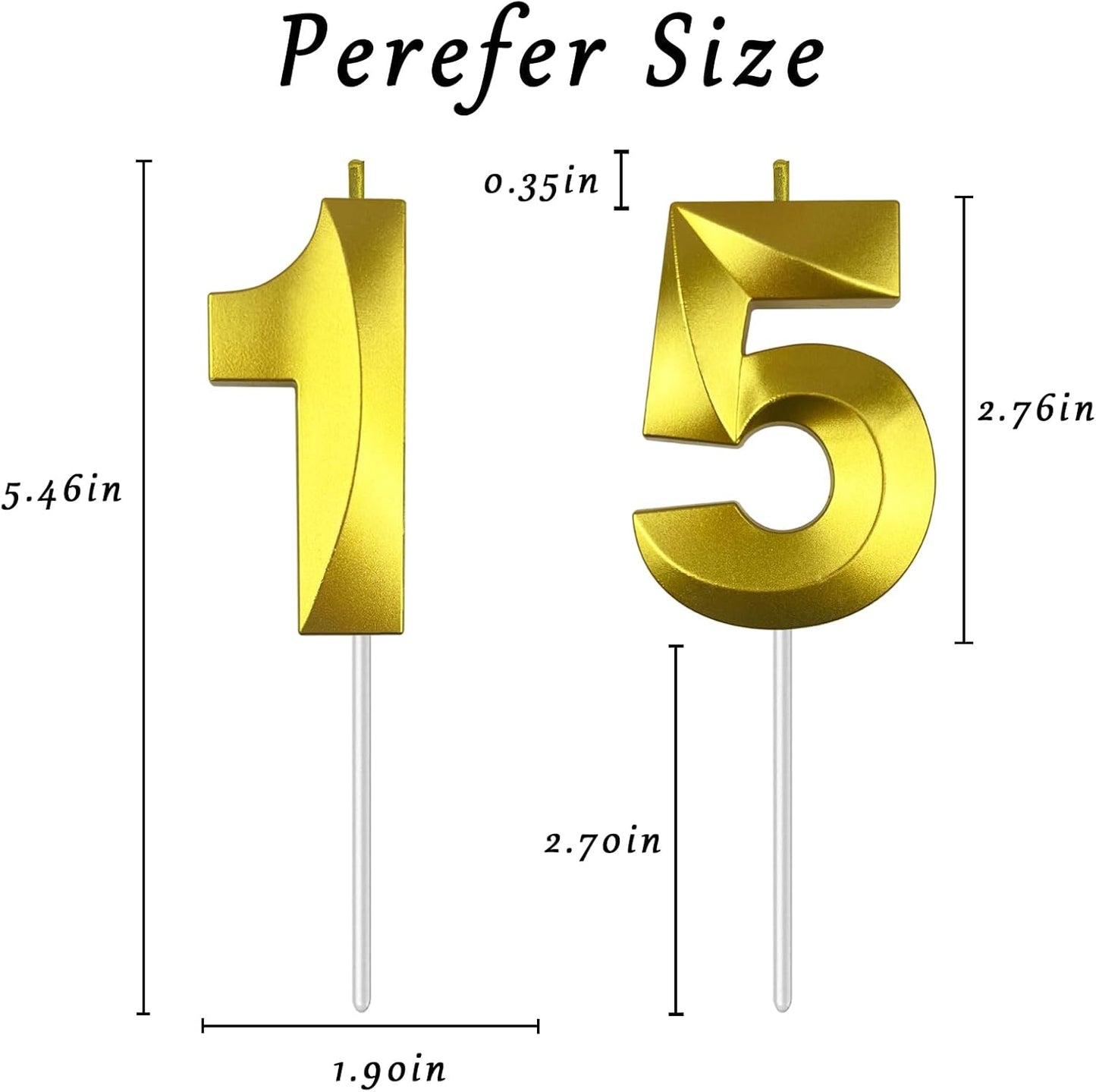 Gold Number 15 Candles, 3D Diamond 2.76 Inch Cake Topper Birthday Candles for Wedding Anniversary Cake Decorations, Happy Birthday Party Decorations