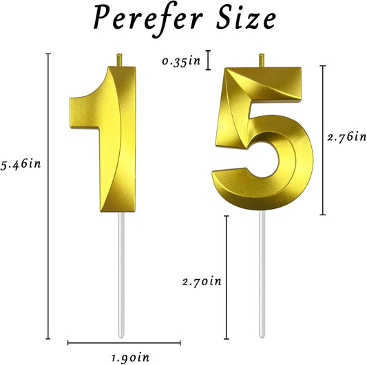 Gold Number 15 Candles, 3D Diamond 2.76 Inch Cake Topper Birthday Candles for Wedding Anniversary Cake Decorations, Happy Birthday Party Decorations