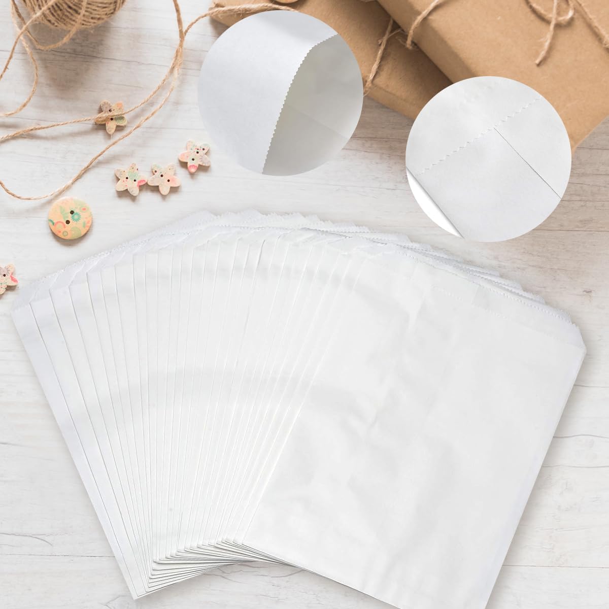 NICOHACU 200 Pack 5x7.5IN White Kraft Paper Bags, Mini Paper Bags, Gift Cards, Gift Candy, Cookies, Donuts, Party Favors, Sandwiches, Jewelry, Snack Bags, Flat Gift Bags, Envelopes,Tableware Bags