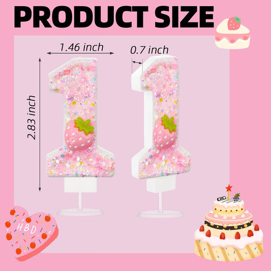 HXOUSE Strawberry Number 1 Birthday Candles - Pink Berry Birthday Candles for Cake, 1 Candle Topper for Anniversary Celebrations Supplies, Strawberry Party Decorations for Girl (No.1)