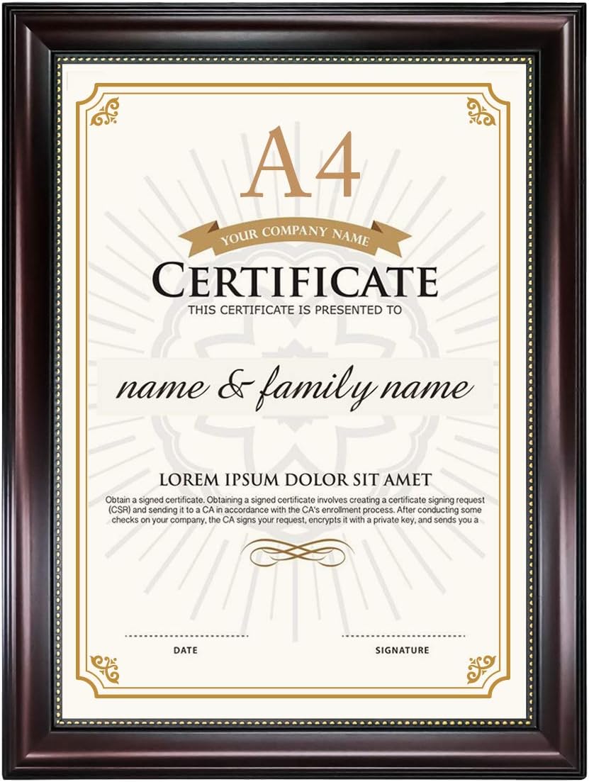 GraduationMall A4 Certificate Document Frame, UV Protection Acrylic, Mahogany with Gold Beads