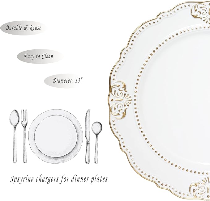 Spsyrine White Charger Plates with Gold Rim Set of 6, 13" Plate Chargers for Dinner Plates, Wedding, Party