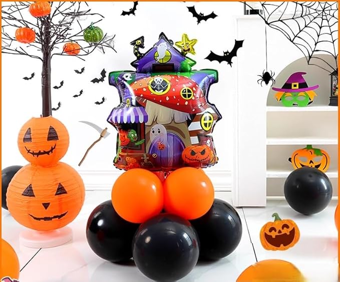 10pcs 12inch Black Orange Latex Balloon Party Theme Halloween Balloons Decor for Baby Shower Wedding Anniversary Halloween Baby Birthday Party Decorations (cute house)