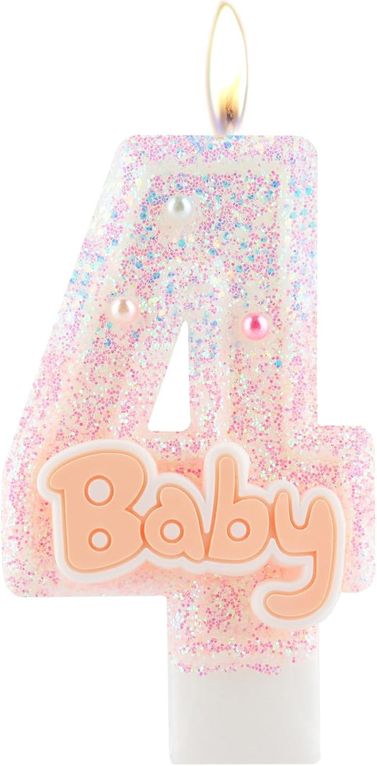 Pink Baby Birthday Number Candles, Birthday Candles for Cake, Glitter Number 4 Cake Topper with Sequins for Girls, Baby Baptism Party Cake Decorations