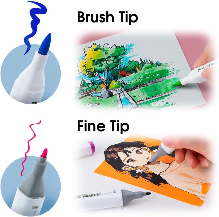 TRANSON Alcohol Markers for Drawing Coloring 48 Colors Dual-tip Fine and Brush Tips