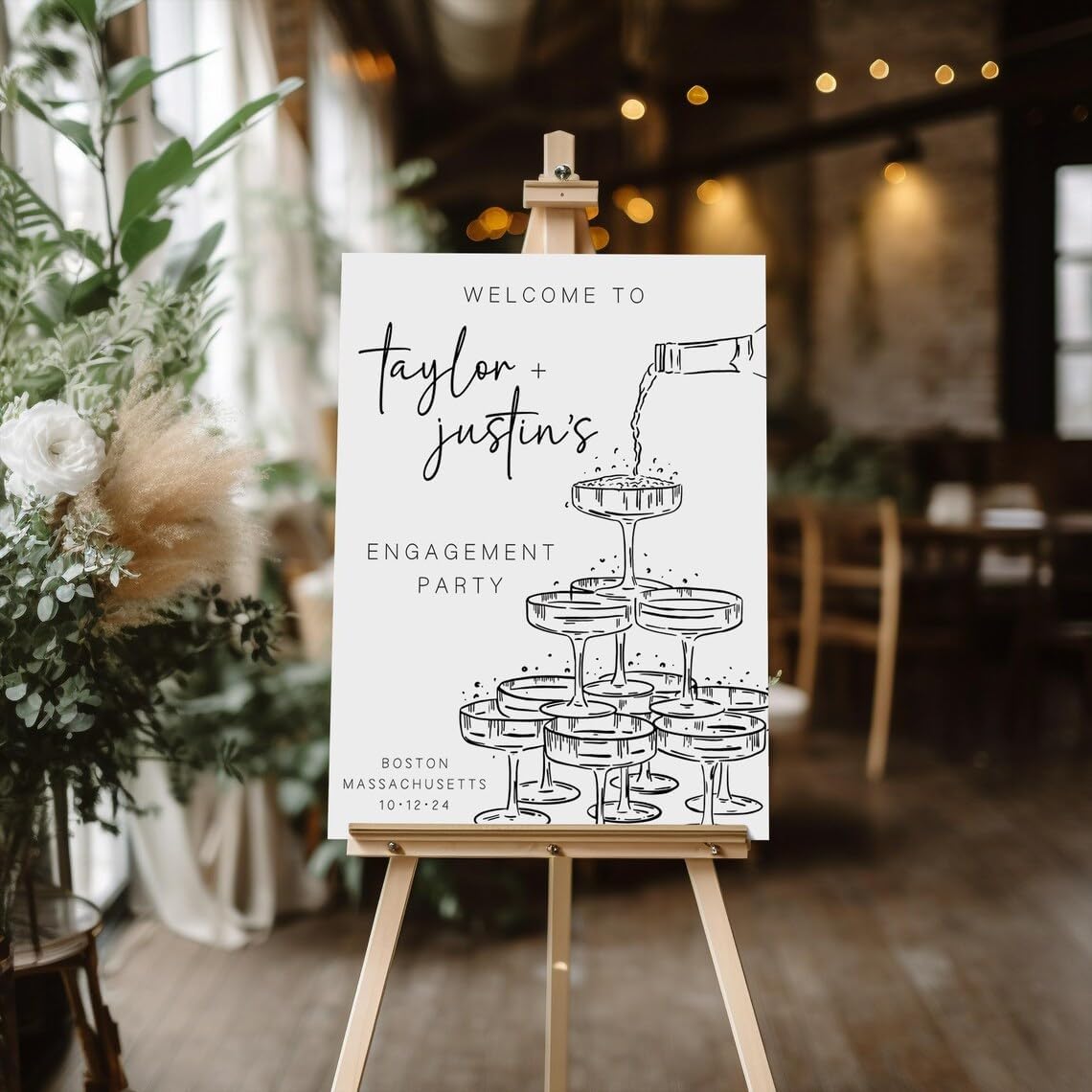 Engagement Party Sign, Engagement Party Welcome Sign, Champagne Tower Engagement Party Welcome Sign Hand Drawn Editable Wedding Sign Black And White Engagement Toast
