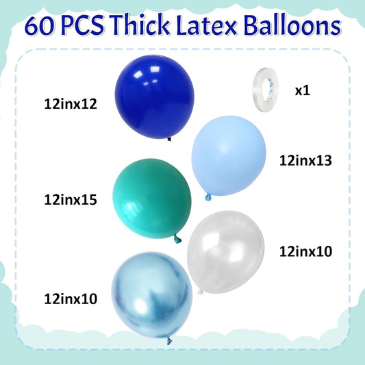Teal Blue Balloons 12 Inch 60pcs Ocean Turquoise Blue Party Balloons Transparent Metallic Pastel Light Blue Latex Helium Balloon for Under The Sea Birthday Baby Shower Shark Party Decorations