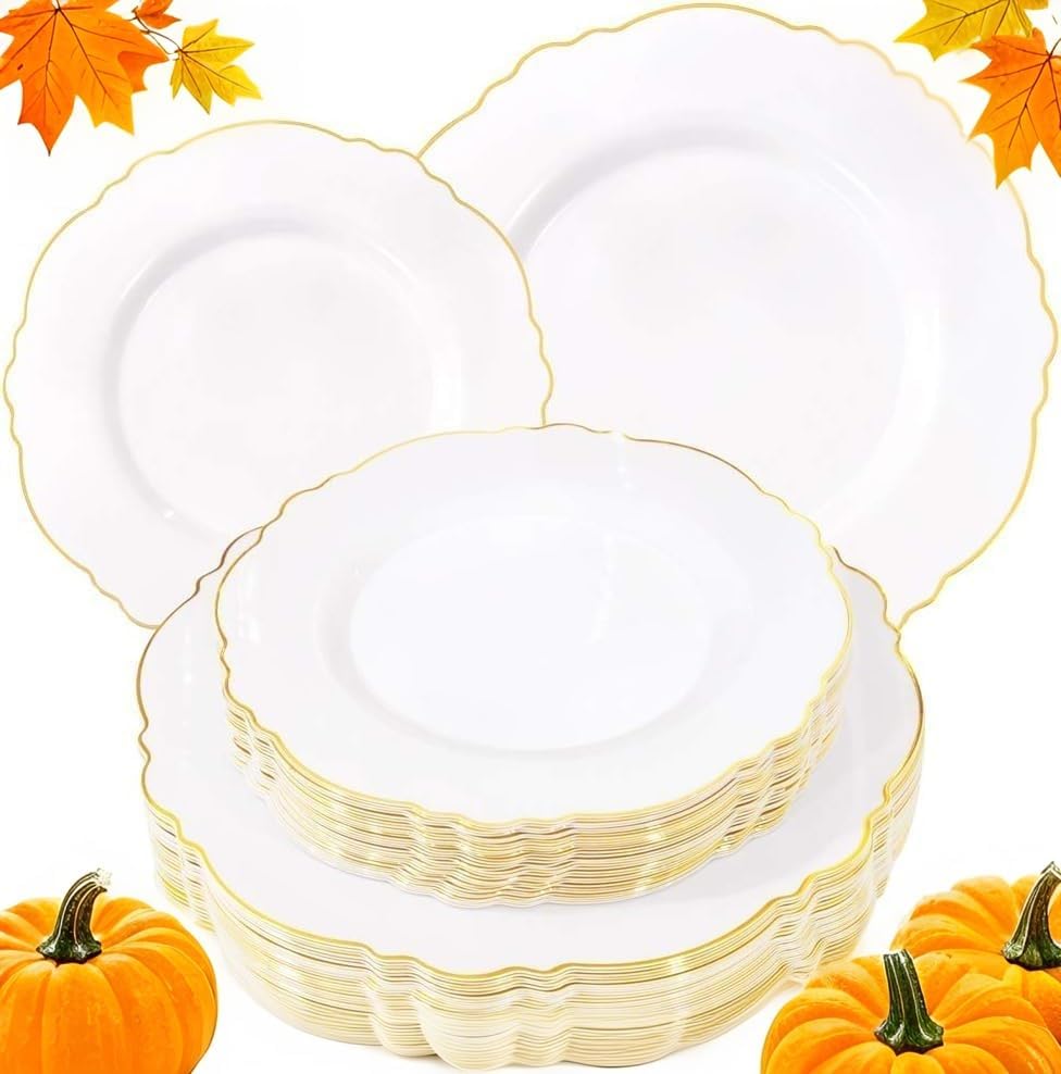 WDF 60pcs White and Gold Plastic Plates - Baroque White With Gold of 30 Heavy Duty Gold dinner plates 10.25inch, 30 Salad Plates 7.5inch Perfect for Thanksgiving Weddings/Party/Birthday