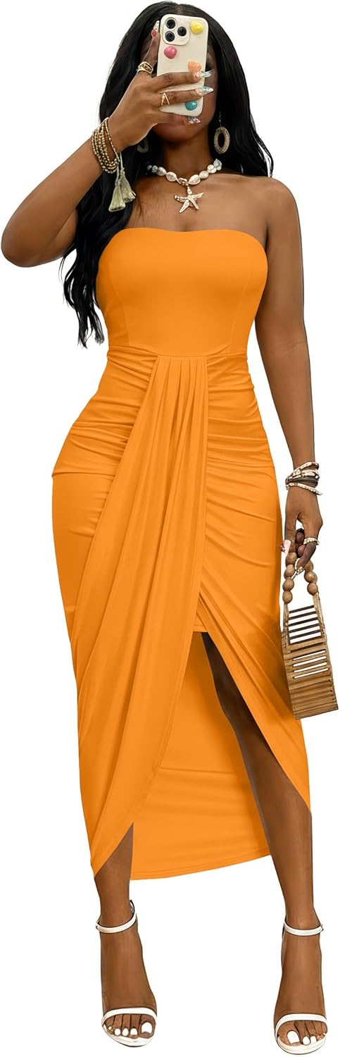 Umenlele Women's Strapless Ruched High Waist Wrap Split Asymmetrical Beach Maxi Long Dress