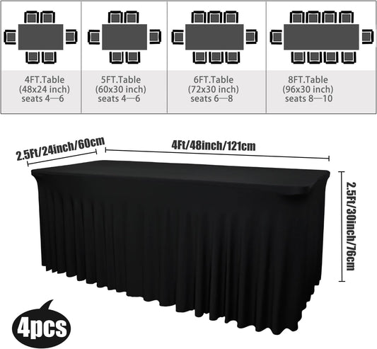 4-Pack Black Table Skirts for 4-Foot Rectangle Tables | 48''L x 24''W x 30''H | Stretch Spandex Fitted Tablecloths | Washable, Wrinkle-Resistant | Perfect for Parties, Banquets, Birthdays