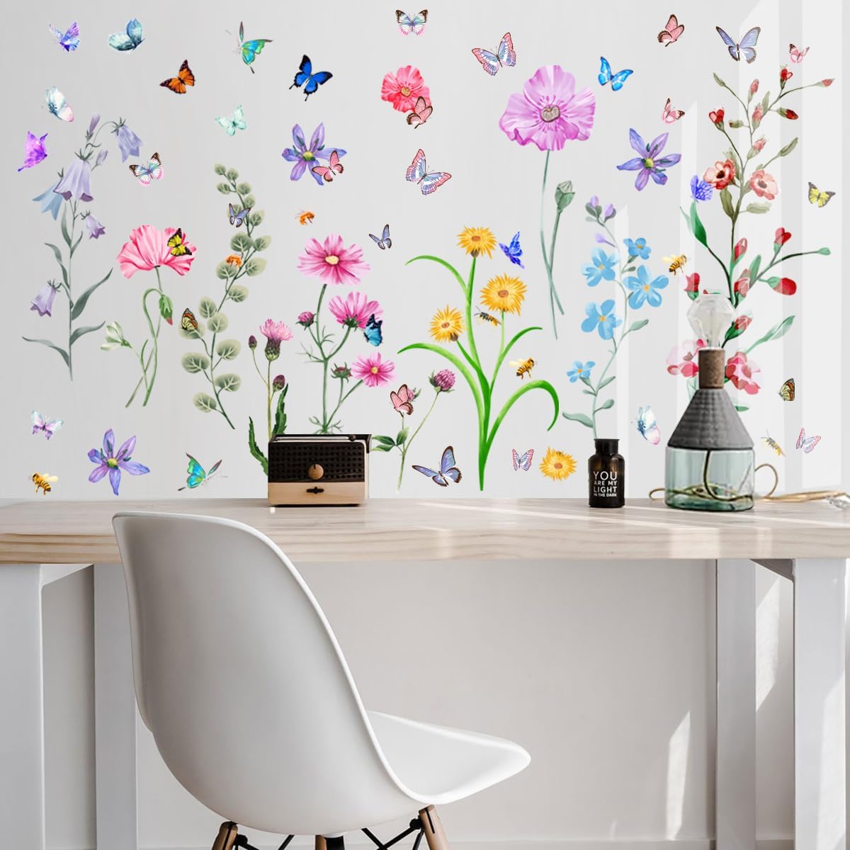 6 Pieces Flowers Wall Decals Vinyl Floral Wall Stickers Removable Floral Murals Peel and Stick Colorful Flower Decor for Girls Bedroom Living Room Nursery (Colorful)