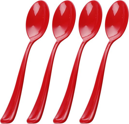 WDF 100 Pack Christmas Plastic Spoons - 6.9 Inch Heavy Duty Red Disposable Plastic Spoons, Modern Red Disposable Spoons Perfect for Christmas