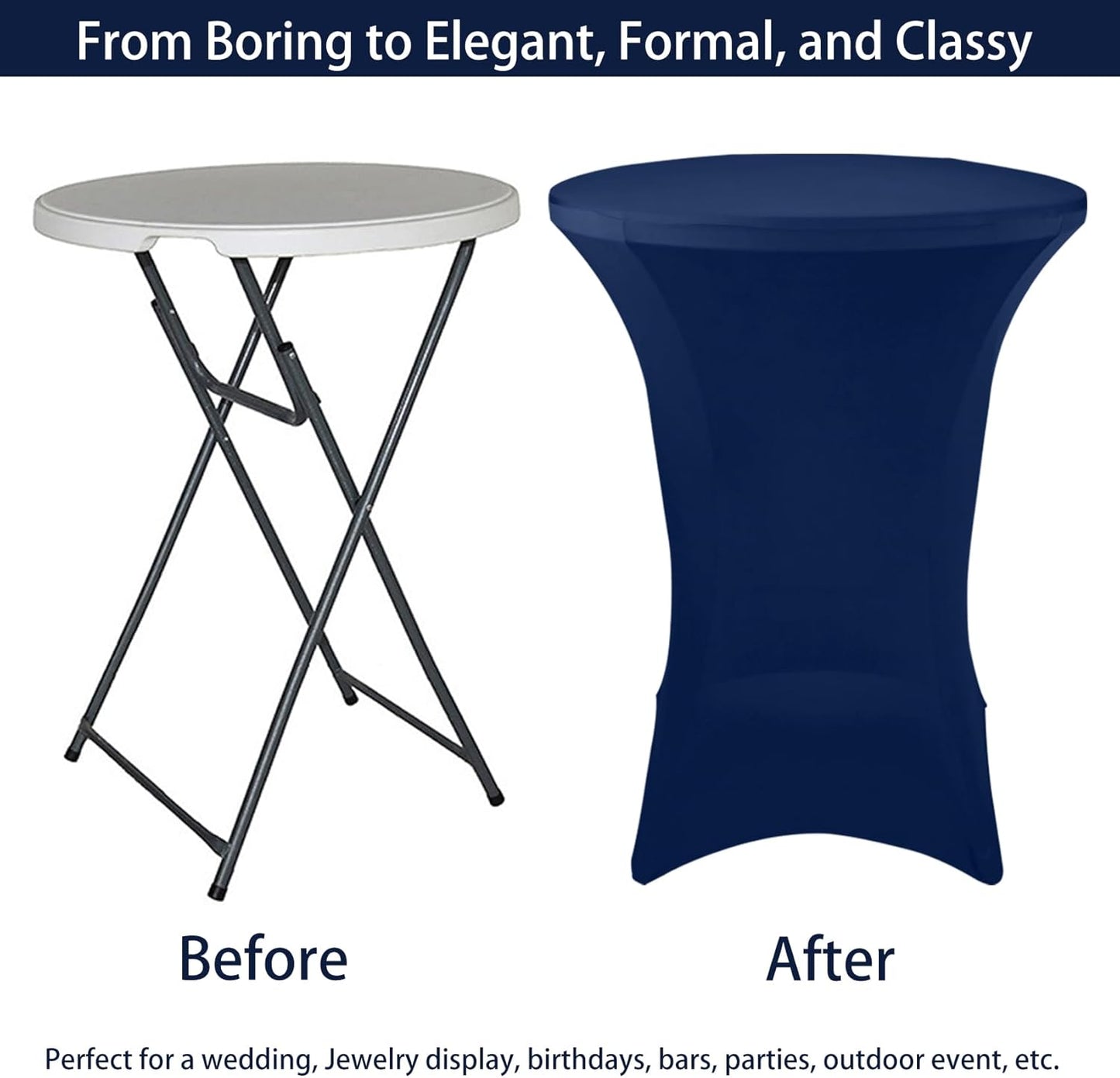 2 Pack Cocktail Spandex Tablecloth 32"x43" Cocktail Table Cover Fitted High Top Round Table for Bar Wedding Birthday Party Banquet (Navy Blue)