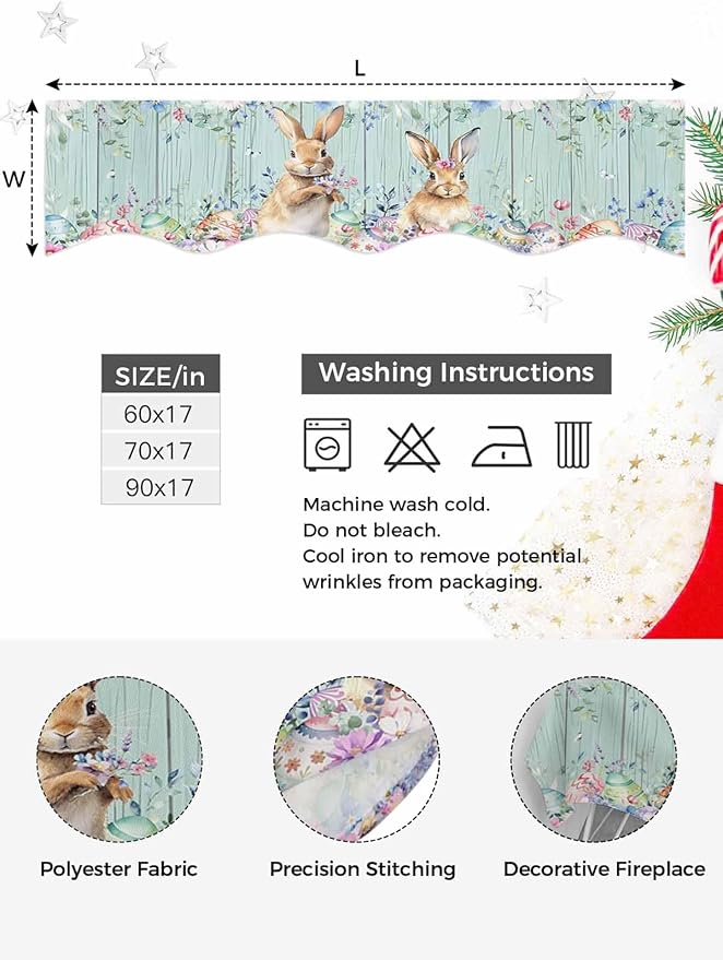 Bunny Easter Fireplace Mantel Scarf Table Runner,Eucalyptus Leaves Floral Eggs Weeping Wooden Winter Garland Mantel Top Tablerunners Dresser Scarves Cover for Windows Party Living Room 90"x17"