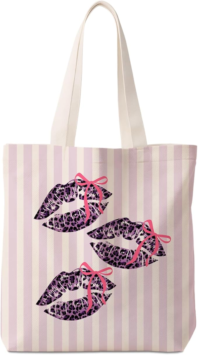 Coquette Bow Purple Leopard Lip Tote Bag for Women,Trendy Cheetah Print Canvas Tote Bag for Girls,Girly Leopard Lip Print Aesthetic Reusable Shopping Grocery Bags Party Favors