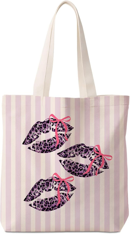 Coquette Bow Purple Leopard Lip Tote Bag for Women,Trendy Cheetah Print Canvas Tote Bag for Girls,Girly Leopard Lip Print Aesthetic Reusable Shopping Grocery Bags Party Favors