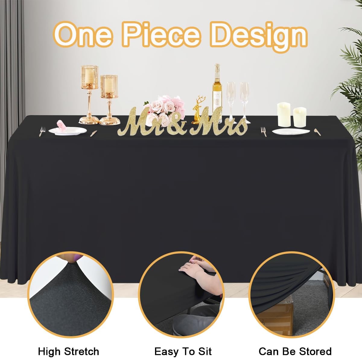 HAORUI Open Back Table Skirts, 4Pack Rectangle Wrinkle Resistant Table Clothes, Ruffles Elastic Table Cover for Banquets, Weddings, Parties (6ft Black)