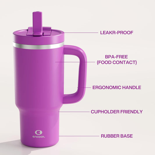 32 oz Tumbler with Handle and Straw: Stainless Steel Insulated Tumbler Keeps Cold for 24 Hours, Leakproof Travel Cup Fits in Cup Holder and BPA-Free,Bright Magenta