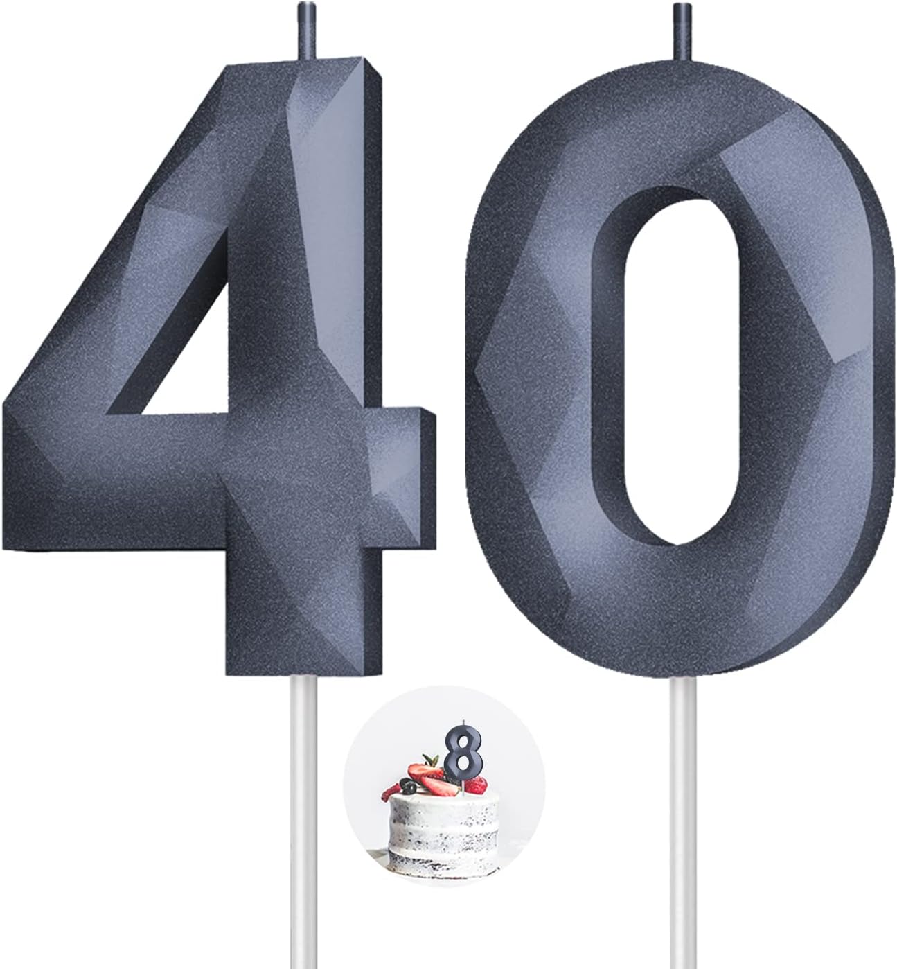 Number Birthday Candles(40 Candle Black) 3D Diamond Shape 40th Happy Birthday Cake Topper Decorations for Women Men Birthday Wedding Anniversary Celebration Theme Party Supplies