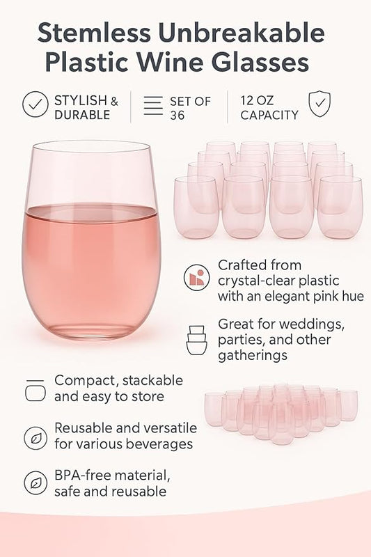 Oojami 36 Pack Pink Plastic Stemless Wine Glasses 12oz Unbreakable BPA Free Reusable Shatterproof Cocktail Cups, Disposable Drinkware for Party Wedding Birthday Bridal Shower Indoor Outdoor Events