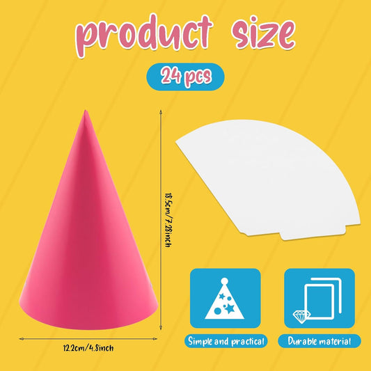 24 PCS Party Cone Hats DIY Birthday Paper Cone Hats for Kids and Adults Birthday, Baby Shower, Bridal Shower