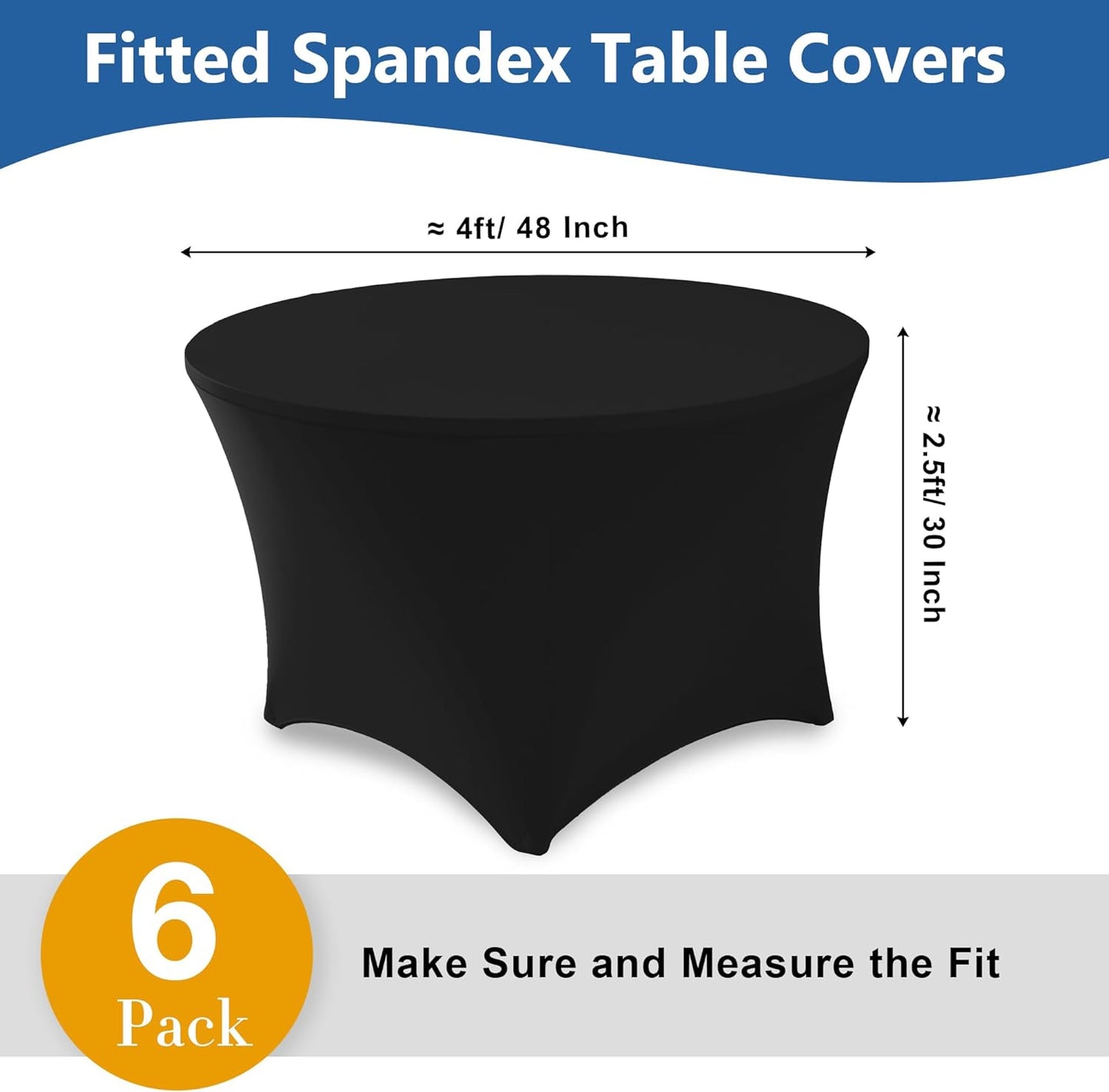 Fitted Table Cloth Round Cover 4ft-Spandex Elastic Table Covers 6 Pack 48 Inch-Black Small Stretch Folding Tablecloth for Weddings Banquets Restaurant Event Parties Vendor Stand Tables