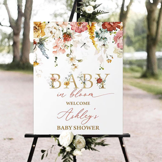 Editable Baby Shower Sign, Floral, Celebratory, Plastic, Full Size, 18 x 12 inches