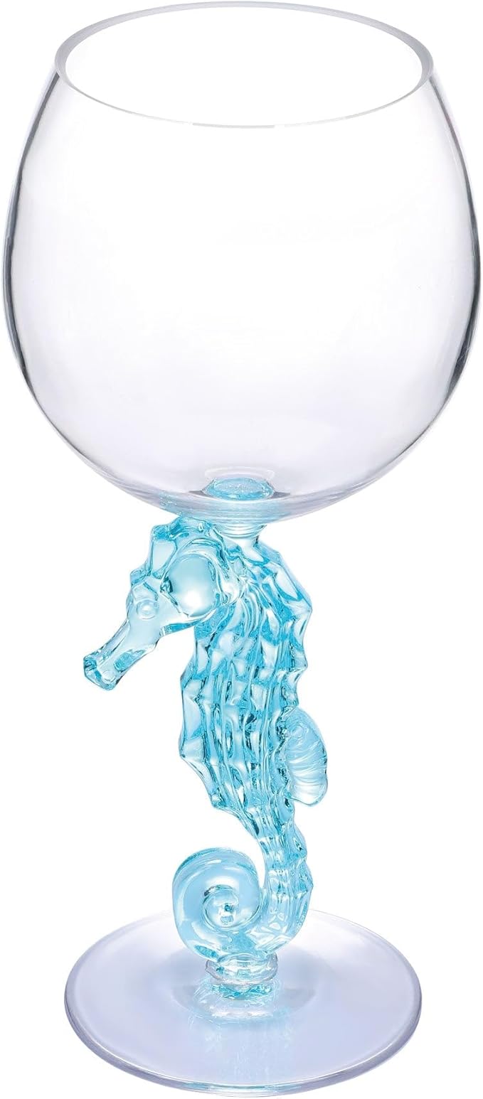 Supreme Housewares Seahorse Stem Wine Glasses, Blue Seahorse-Shaped Reusable Shatterproof Acrylic Glass for Red or White Wine, Poolside, Outdoors, Parties, 18 oz, Set of 2