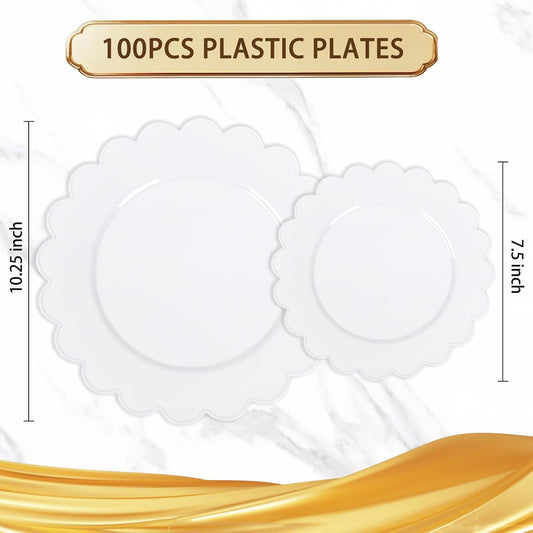 supernal 100pcs White Plastic Plates Disposable For Birthday And Wedding,Plastic Plates For Party Includes 50pcs Dinner and Dessert Plate.Scalloped Plastic Plate,Graduation Decorations 2025 Deals