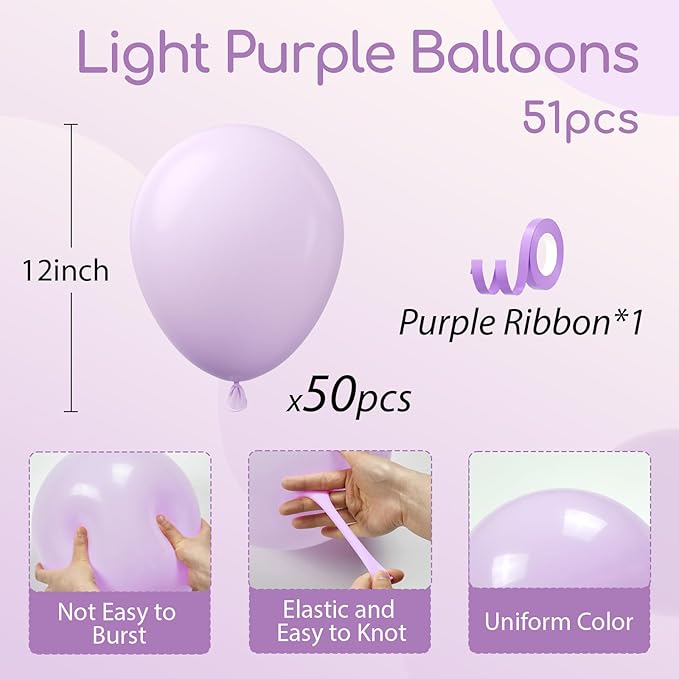 Light Purple Balloons 12 inch, Pastel Purple Latex Balloons 50pcs Party Balloon for Wedding Baby Shower Gender Reveal Birthday Party Decorations