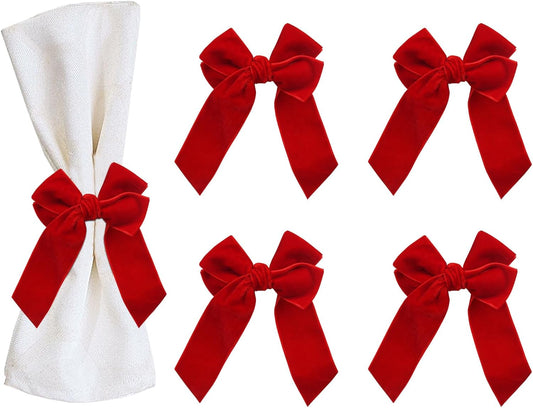 Velvet Bow Napkin Rings, Set of 4 Christmas Bowknot Napkin Holder Ring Dining Table Decor for Xmas Dinner Parties Wedding Holiday Home Table Setting(Red Bow)